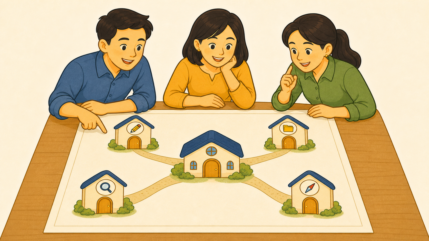 คนสามคนช่วยกันดูแผนหมู่บ้านที่มีบ้านเขียน จัดข้อมูล ตรวจ และตัดสินใจ เชื่อมกับบ้านกลาง